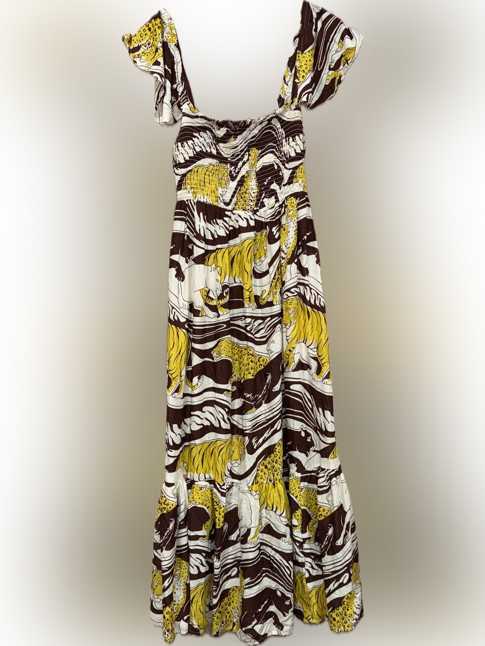 Anthropologie Brown, Cream & Yellow Smocked Animal-Print Maxi Dress | Size M